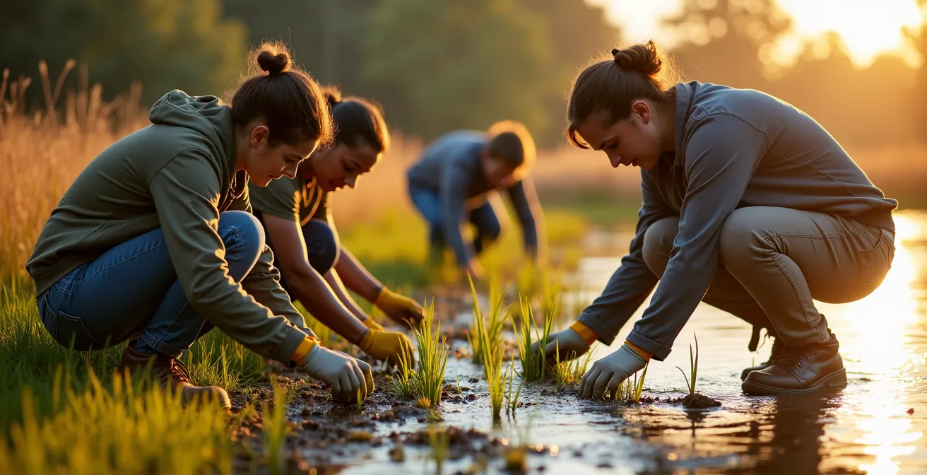 Volunteers planting native wetland vegetation along a restored shoreline habitat.