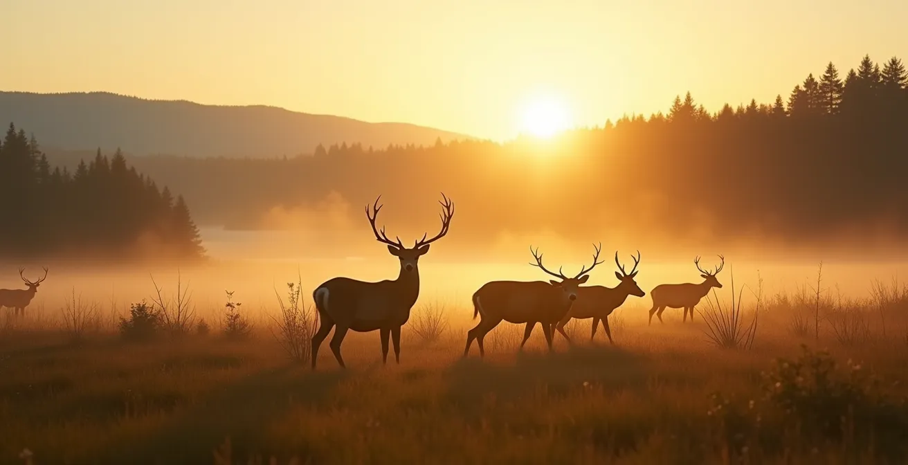 A wide landscape showing a small deer herd in a natural meadow, illustrating the principles of population dynamics.